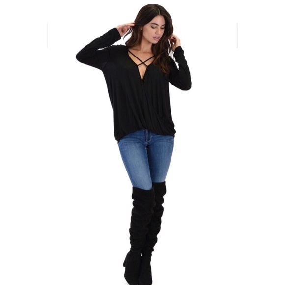 Black Surplice Criss Cross Top - Picture 6 of 6